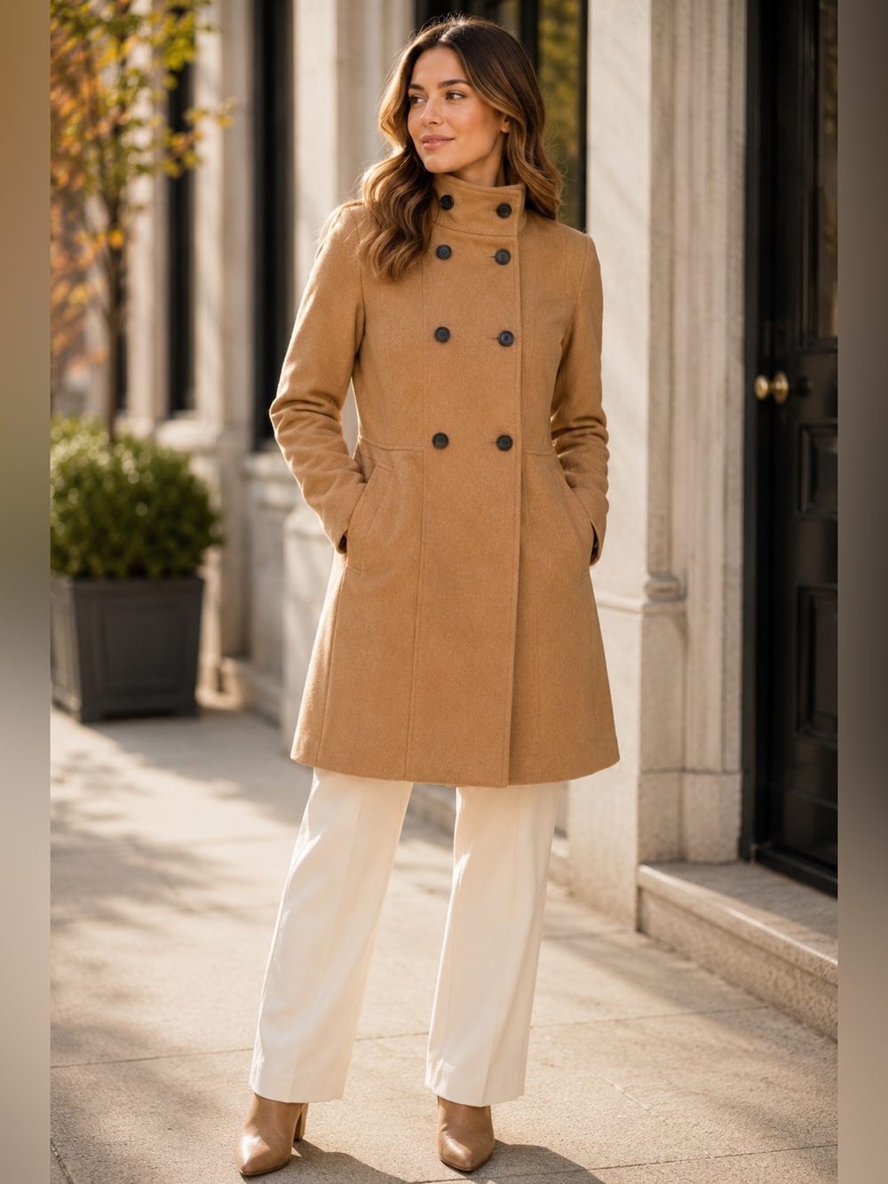Mango Camel Funnel Neck Double Breasted Peacoat Women’s Small
